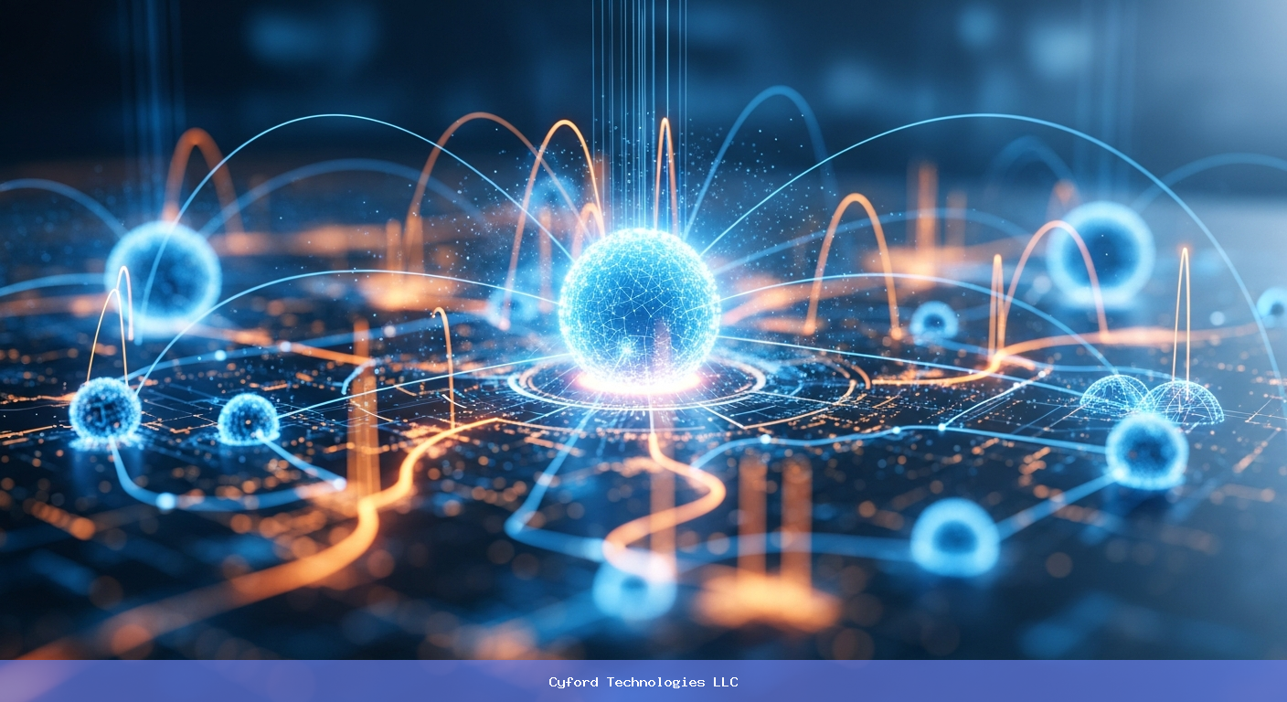 Futuristic AI automation node network in blue and orange